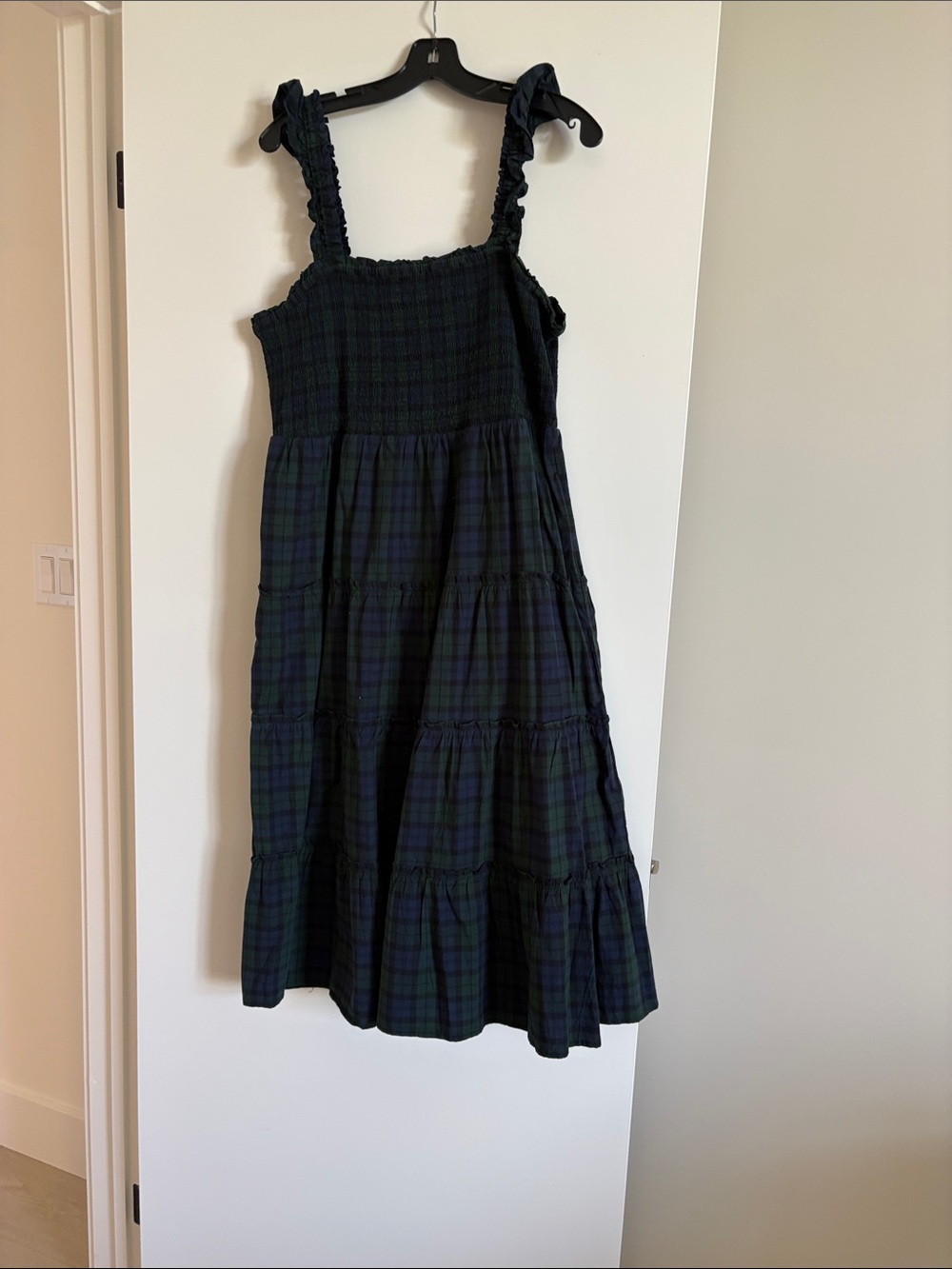 J. Crew Navy and Green Plaid Tiered Midi Dress